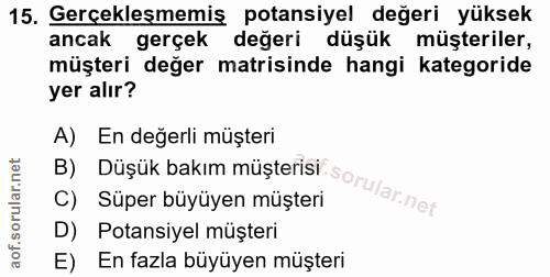 15. soru: Gerçeklesmemiş potansiyel değeri yüksek ancak gerçek değeri düşük müşteriler, müşteri değer matrisinde hangi kategori…