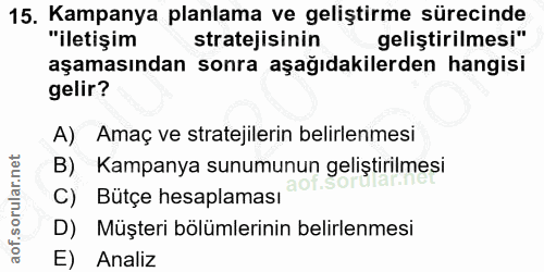 15. soru: Kampanya planlama ve geliştirme sürecinde "iletişim stratejisinin geliştirilmesi" aşamasından sonra aşağıdakilerden h…
