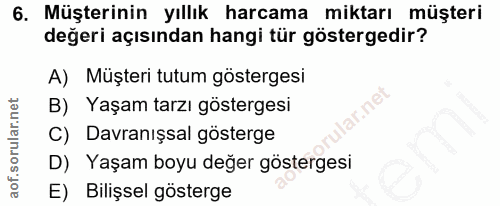 6. soru: Müşterinin yıllık harcama miktarı müşteri değeri açısından hangi tür göstergedir? A) Müşteri tutum göstergesi B) Yaşa…