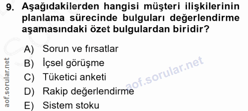 9. soru: Aşağıdakilerden hangisi müşteri ilişkilerinin planlama sürecinde bulguları değerlendirme aşamasındaki özet bulgularda…