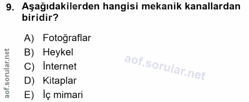 9. soru: Aşağıdakilerden hangisi mekanik kanallardan biridir? A) Fotoğraflar B) Heykel C) Internet D) Kitaplar E) Iç mimari
