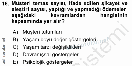16. soru: Müşteri temas sayısı, ifade edilen şikayet ve eleştiri sayısı, yaptığı ve yapmadığı ödemeler aşağıdaki kavramlardan h…