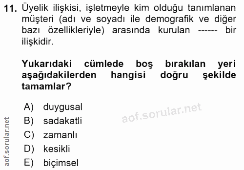11. soru: Uyelik ilişkisi, işletmeyle kim olduğu tanımlanan müşteri (adı ve soyadı ile demografik ve diğer bazı özellikleriyle)…