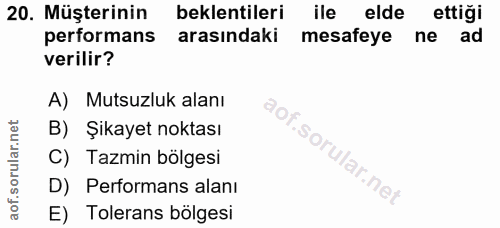20. soru: Müşterinin beklentileri ile elde ettiği performans arasındaki mesafeye ne ad verilir? A) Mutsuzluk alanı B) Şikayet n…