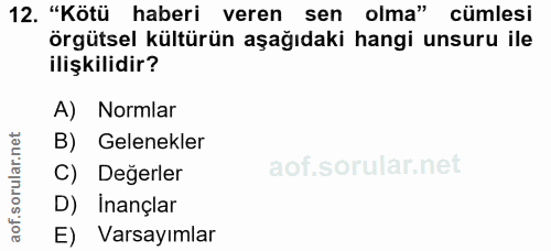 12. soru: "Kötü haberi veren sen olma" cümlesi örgütsel kültürün aşağıdaki hangi unsuru ile ilişkilidir? A) Normlar B) Gelenekl…
