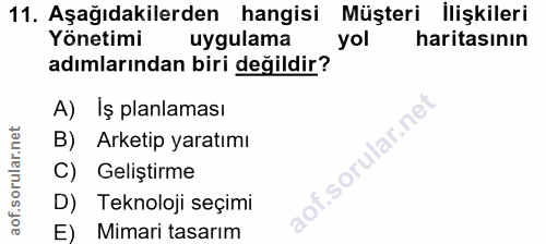 11. soru: Aşağıdakilerden hangisi Müşteri İlişkileri Yönetimi uygulama yol haritasının adımlarından biri değildir? A) Iş planla…