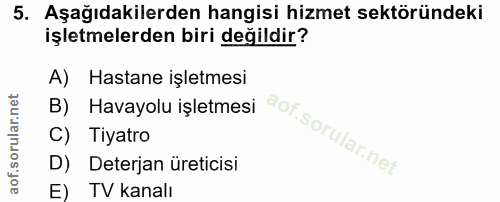 5. soru: Aşağıdakilerden hangisi hizmet sektöründeki işletmelerden biri değildir? A) Hastane işletmesi B) Havayolu işletmesi C…