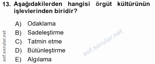 13. soru: Aşağıdakilerden hangisi örgüt kültürünün işlevlerinden biridir? A) Odaklama B) Sadeleștirme C) Tatmin etme D) Bütünle…