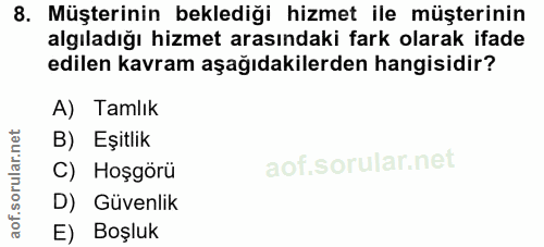 8. soru: Müşterinin beklediği hizmet ile müşterinin algıladığı hizmet arasındaki fark olarak ifade edilen kavram aşağıdakilerd…