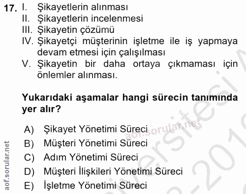 17. soru: 1. Şikayetlerin alınması II. Şikayetlerin incelenmesi III. Şikayetin çözümü IV. Şikayetçi müşterinin işletme ile iş y…