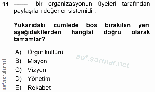 11. soru: ---, bir organizasyonun üyeleri tarafından paylaşılan değerler sistemidir. Yukarıdaki cümlede boş bırakılan yeri aşağ…