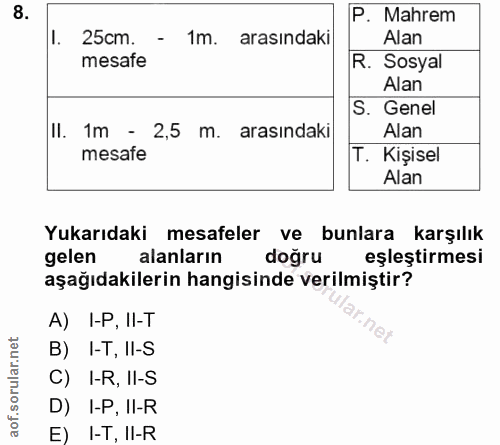 8. soru: P. Mahrem 1. 25cm. - 1m. arasındaki Alan mesafe R. Sosyal Alan S. Genel II. 1m - 2,5 m. arasındaki Alan mesafe T. Kiş…