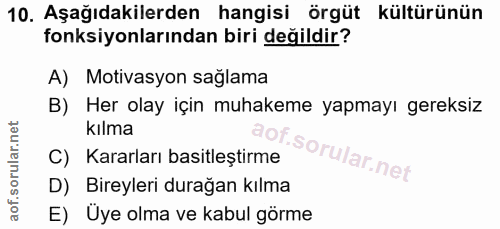 10. soru: Aşağıdakilerden hangisi örgüt kültürünün fonksiyonlarından biri değildir? A) Motivasyon sağlama B) Her olay için muha…