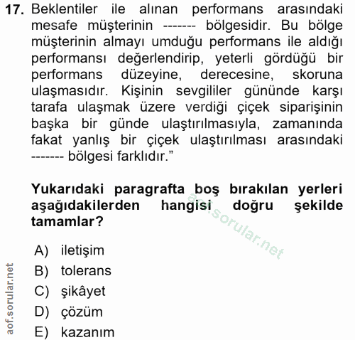 17. soru: Beklentiler ile alınan performans arasındaki mesafe müşterinin ---- bölgesidir. Bu bölge müşterinin almayı umduğu per…