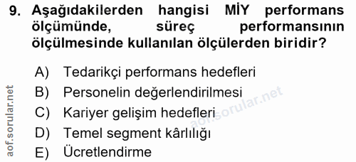 9. soru: Aşağıdakilerden hangisi MIY performans ölçümünde, süreç performansının ölçülmesinde kullanılan ölçülerden biridir? A)…