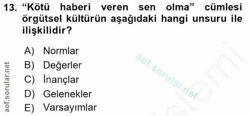 13. soru: "Kötü haberi veren sen olma" cümlesi örgütsel kültürün aşağıdaki hangi unsuru ile ilişkilidir? A) Normlar B) Değerler…