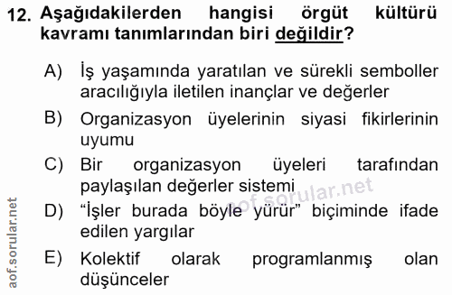 12. soru: Aşağıdakilerden hangisi örgüt kültürü kavramı tanımlarından biri değildir? A) Iş yaşamında yaratılan ve sürekli sembo…