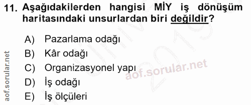 11. soru: Aşağıdakilerden hangisi MIY iş dönüşüm haritasındaki unsurlardan biri değildir? A) Pazarlama odağı B) Kâr odağı c) Or…