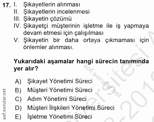 17. soru: 1. Şikayetlerin alınması II. Şikayetlerin incelenmesi III. Şikayetin çözümü IV. Şikayetçi müşterinin işletme ile iş y…