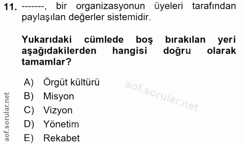 11. soru: ---, bir organizasyonun üyeleri tarafından paylaşılan değerler sistemidir. Yukarıdaki cümlede boş bırakılan yeri aşağ…