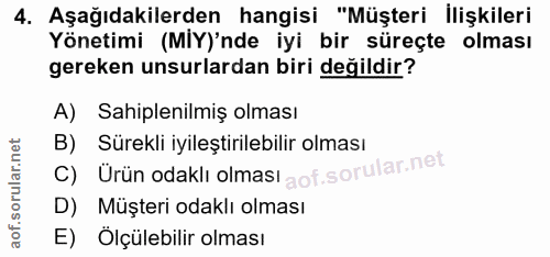4. soru: Aşağıdakilerden hangisi "Müşteri İlişkileri Yönetimi (MIY)'nde iyi bir süreçte olması gereken unsurlardan biri değild…