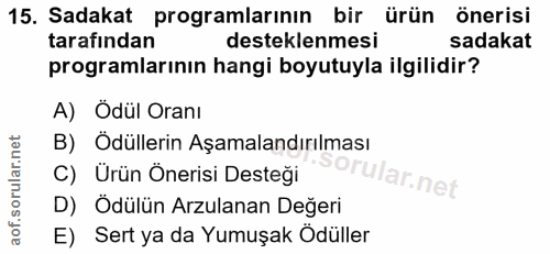 15. soru: Sadakat programlarının bir ürün önerisi tarafindan desteklenmesi sadakat programlarının hangi boyutuyla ilgilidir? A)…