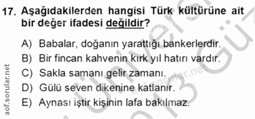 17. soru: Aşağıdakilerden hangisi Türk kültürüne ait bir değer ifadesi değildir? A) Babalar, doğanın yarattığı bankerlerdir. B)…