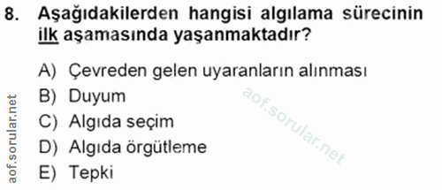 8. soru: Aşağıdakilerden hangisi algılama sürecinin ilk aşamasında yaşanmaktadır? A) Çevreden gelen uyaranların alınması B) Du…