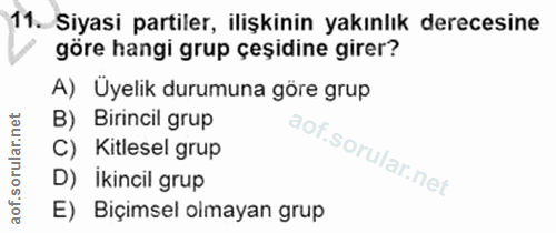 11. soru: Siyasi partiler, ilişkinin yakınlık derecesine göre hangi grup çeşidine girer? A) Üyelik durumuna göre grup B) Birinc…