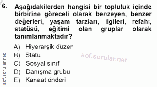 6. soru: Aşağıdakilerden hangisi bir topluluk içinde birbirine göreceli olarak benzeyen, benzer değerleri, yaşam tarzları, ilg…