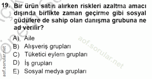 19. soru: Bir ürün satın alırken riskleri azaltma amacı dışında birlikte zaman geçirme gibi sosyal güdülere de sahip olan danış…