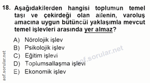 18. soru: Aşağıdakilerden hangisi toplumun temel taşı ve çekirdeği olan ailenin, varoluş amacına uygun bütüncül yaklaşımla mevc…
