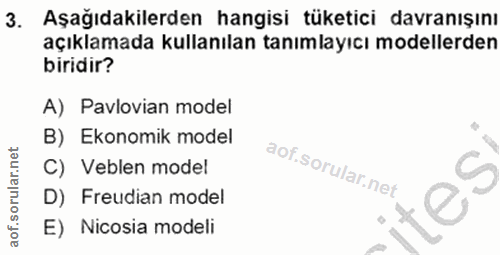 3. soru: Aşağıdakilerden hangisi tüketici davranışını açıklamada kullanılan tanımlayıcı modellerden biridir? A) Pavlovian mode…