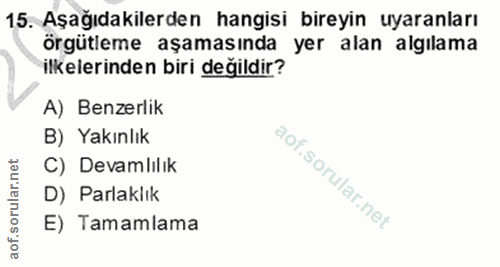 15. soru: Aşağıdakilerden hangisi bireyin uyaranları örgütleme aşamasında yer alan algılama ilkelerinden biri değildir? A) Benz…
