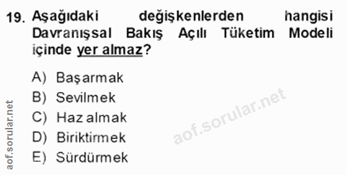 19. soru: Aşağıdaki değişkenlerden hangisi Davranışsal Bakış Açılı Tüketim Modeli içinde yer almaz? A) Başarmak B) Sevilmek C)…