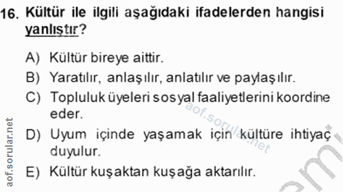16. soru: Kültür ile ilgili aşağıdaki ifadelerden hangisi yanlıştır? A) Kültür bireye aittir. B) Yaratılır, anlaşılır, anlatılı…
