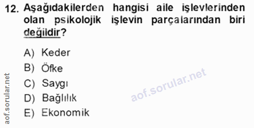 12. soru: Aşağıdakilerden hangisi aile işlevlerinden olan psikolojik işlevin parçalarından biri değildir? A) Keder B) Öfke C) S…