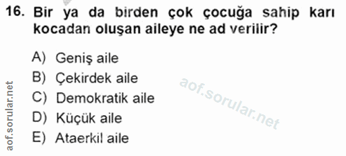 16. soru: Bir ya da birden çok çocuğa sahip karı kocadan oluşan aileye ne ad verilir? A) Geniş aile B) Çekirdek aile C) Demokra…