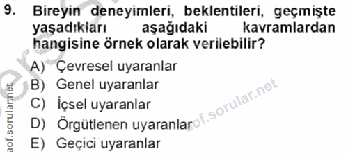 9. soru: Bireyin deneyimleri, beklentileri, geçmişte yaşadıkları aşağıdaki kavramlardan hangisine örnek olarak verilebilir? A)…