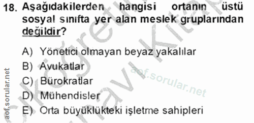 18. soru: Aşağıdakilerden hangisi ortanin üstü sosyal sınıfta yer alan meslek gruplarından değildir? A) Yönetici olmayan beyaz…