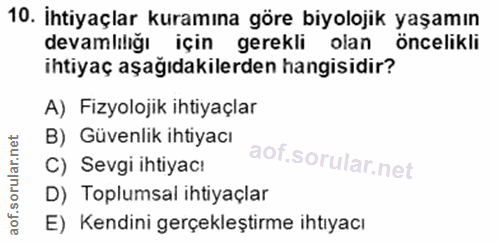 10. soru: İhtiyaçlar kuramına göre biyolojik yaşamın devamlılığı için gerekli olan öncelikli ihtiyaç aşağıdakilerden hangisidir…
