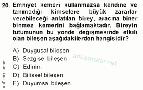 20. soru: Emniyet kemeri kullanmazsa kendine ve tanımadığı kimselere büyük zararlar verebileceği anlatılan birey, aracına biner…