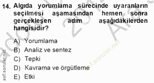 14. soru: Algıda yorumlama sürecinde uyaranların seçilmesi aşamasından hemensonra gerçekleşen adım aşağıdakilerden hangisidir?…