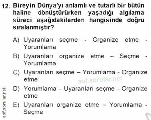 12. soru: Bireyin Dünya'yı anlamlı ve tutarlı bir bütün haline dönüştürürken yaşadığı algılama süreci aşağıdakilerden hangisind…