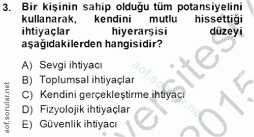 3. soru: Bir kişinin sahip olduğu tüm potansiyelini kullanarak, kendini mutlu hissettiği Ihtiyaçlar hiyerarşisi düzeyi aşağıda…