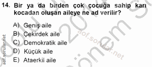 14. soru: Bir ya da birden çok çocuğa sahip karı kocadan oluşan aileye ne ad verilir? A) Geniş aile B) Çekirdek aile C) Demokra…