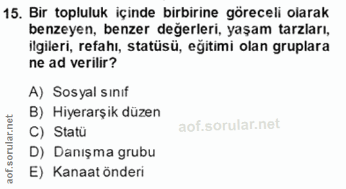 15. soru: Bir topluluk içinde birbirine göreceli olarak benzeyen, benzer değerleri, yaşam tarzları, ilgileri, refahı, statüsü,…