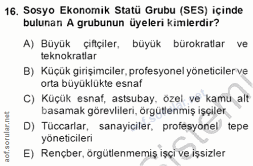16. soru: Sosyo Ekonomik Statü Grubu (SES) içinde bulunan A grubunun üyeleri kimlerdir? A) Büyük çiftçiler, büyük bürokratlar v…
