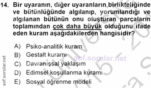 14. soru: Bir uyaranın, diğer uyaranların birlikteliğinde ve bütünlüğünde algılanıp, yorumlandığı ve algılanan bütünün onu oluş…