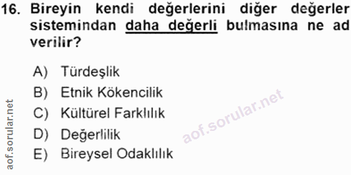 16. soru: Bireyin kendi değerlerini diğer değerler sistemindan daha değerli bulmasına ne ad verilir? A) Türdeşlik B) Etnik Köke…